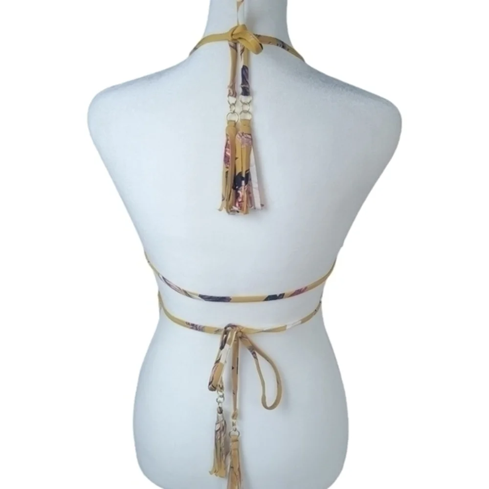 BCBG‎ MAXAZRIA Bikini Bra Top Size 2 Gold Strappy Halter Tri Tie Floral Swimsuit